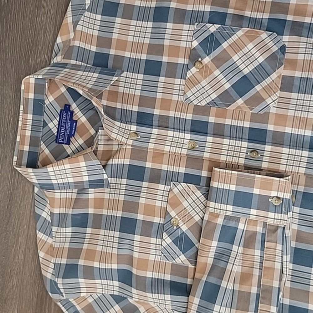Pendleton Men's Large Plaid Long-Sleeve Button-Down Shirt‎ Browns/Blues EUC